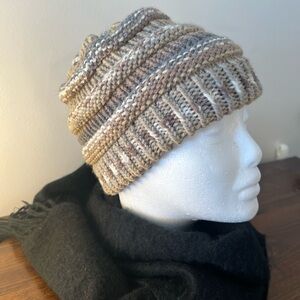 Hand Knit wool blend Beanie in Beige and Cream